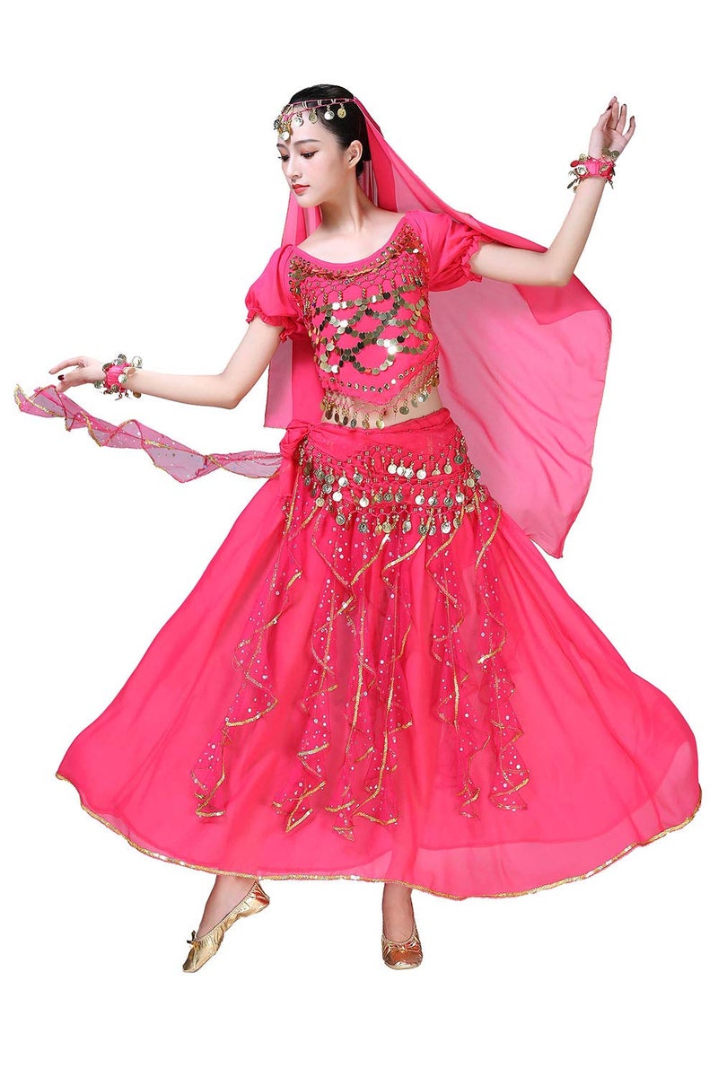 ORIDOOR Women Belly Dance Dress Indian Bollywood Halloween Costume Chiffon Skirts Shiny Belly Dance Suits 5-Piece Outfit, 004 Rose Red, One Size - Image 1